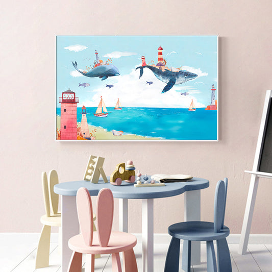 Fantasy Flying Whales Adventure Canvas Kids Style Textured Wall Art in Pastel Blue Clearhalo 'Art Gallery' 'Canvas Art' 'Kids' Arts' 1704422