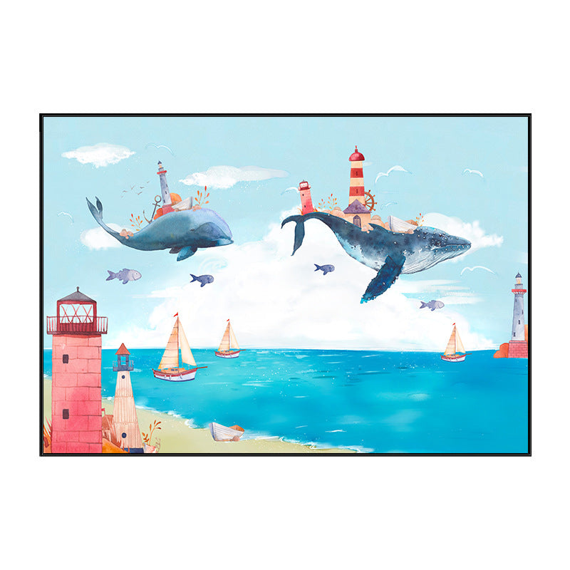 Fantasy Flying Whales Adventure Canvas Kids Style Textured Wall Art in Pastel Blue Clearhalo 'Art Gallery' 'Canvas Art' 'Kids' Arts' 1704423