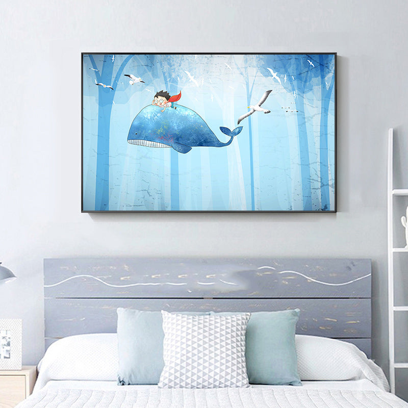 Fantasy Flying Whales Adventure Canvas Kids Style Textured Wall Art in Pastel Blue Light Blue Clearhalo 'Art Gallery' 'Canvas Art' 'Kids' Arts' 1704427