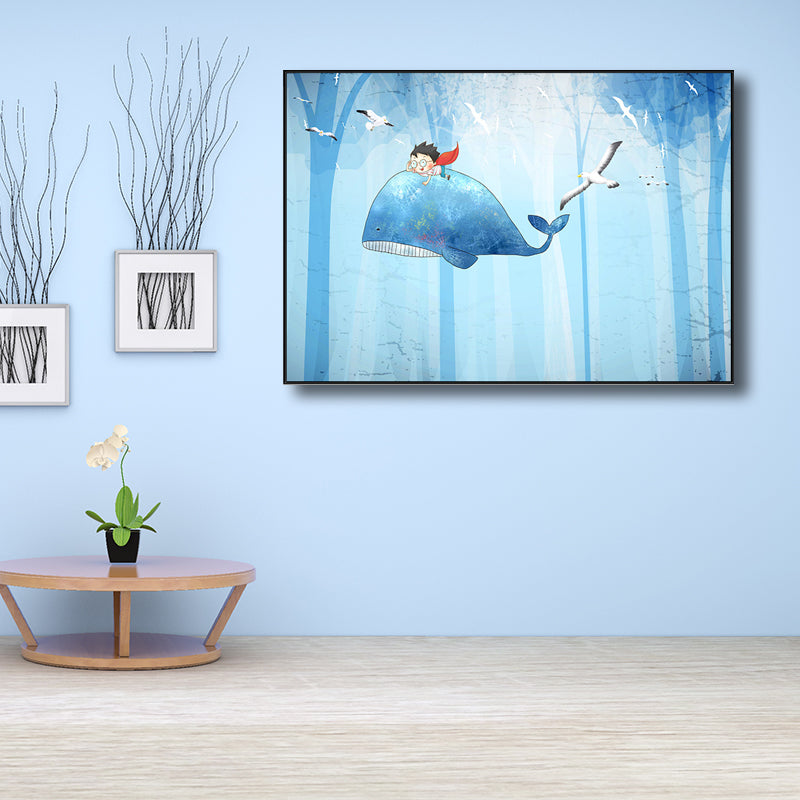 Fantasy Flying Whales Adventure Canvas Kids Style Textured Wall Art in Pastel Blue Clearhalo 'Art Gallery' 'Canvas Art' 'Kids' Arts' 1704428