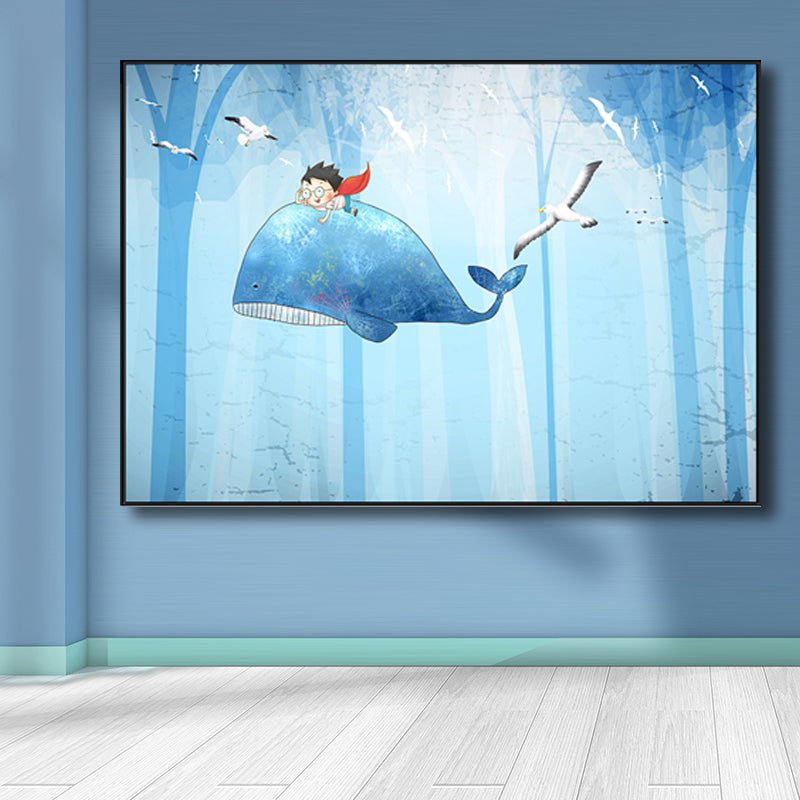 Fantasy Flying Whales Adventure Canvas Kids Style Textured Wall Art in Pastel Blue Clearhalo 'Art Gallery' 'Canvas Art' 'Kids' Arts' 1704429