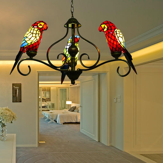 Stained Glass Chandeliers for Dining Rooms, Ceiling Light Fixture in Antique Brass with Parrot Design Tiffany Style 3 Red-Yellow-Blue Clearhalo 'Ceiling Lights' 'Chandeliers' 'Industrial' 'Middle Century Chandeliers' 'Tiffany Chandeliers' 'Tiffany close to ceiling' 'Tiffany' Lighting' 170442