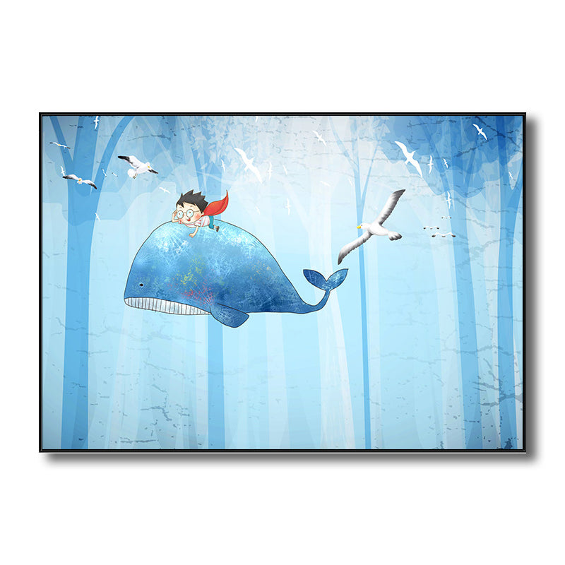 Fantasy Flying Whales Adventure Canvas Kids Style Textured Wall Art in Pastel Blue Clearhalo 'Art Gallery' 'Canvas Art' 'Kids' Arts' 1704430