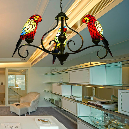 Stained Glass Chandeliers for Dining Rooms, Ceiling Light Fixture in Antique Brass with Parrot Design Tiffany Style Clearhalo 'Ceiling Lights' 'Chandeliers' 'Industrial' 'Middle Century Chandeliers' 'Tiffany Chandeliers' 'Tiffany close to ceiling' 'Tiffany' Lighting' 170443