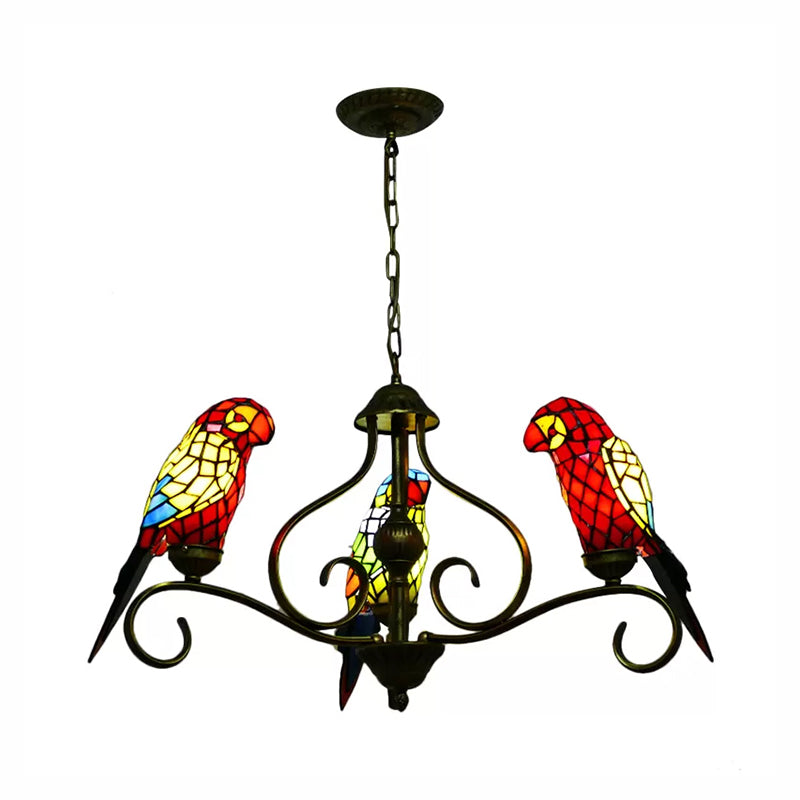 Stained Glass Chandeliers for Dining Rooms, Ceiling Light Fixture in Antique Brass with Parrot Design Tiffany Style Clearhalo 'Ceiling Lights' 'Chandeliers' 'Industrial' 'Middle Century Chandeliers' 'Tiffany Chandeliers' 'Tiffany close to ceiling' 'Tiffany' Lighting' 170444