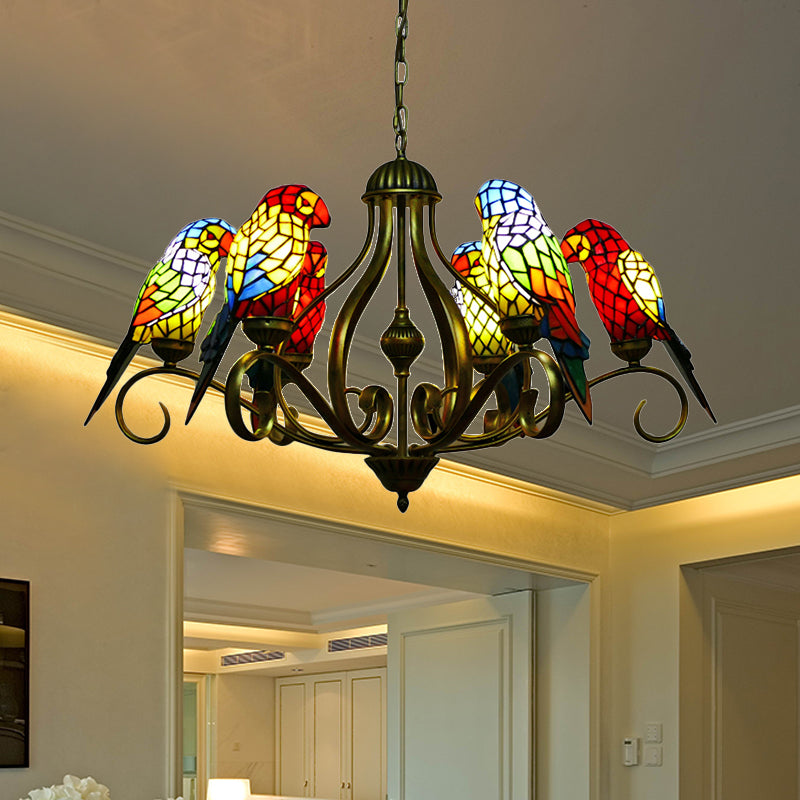 Stained Glass Chandeliers for Dining Rooms, Ceiling Light Fixture in Antique Brass with Parrot Design Tiffany Style 6 Red-Yellow-Blue Clearhalo 'Ceiling Lights' 'Chandeliers' 'Industrial' 'Middle Century Chandeliers' 'Tiffany Chandeliers' 'Tiffany close to ceiling' 'Tiffany' Lighting' 170446