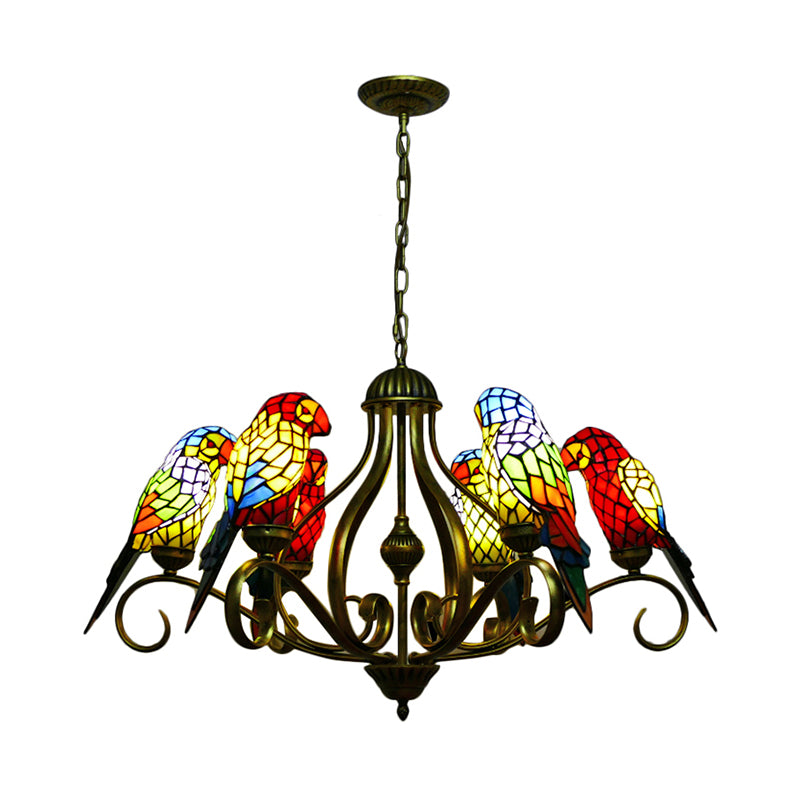 Stained Glass Chandeliers for Dining Rooms, Ceiling Light Fixture in Antique Brass with Parrot Design Tiffany Style Clearhalo 'Ceiling Lights' 'Chandeliers' 'Industrial' 'Middle Century Chandeliers' 'Tiffany Chandeliers' 'Tiffany close to ceiling' 'Tiffany' Lighting' 170447