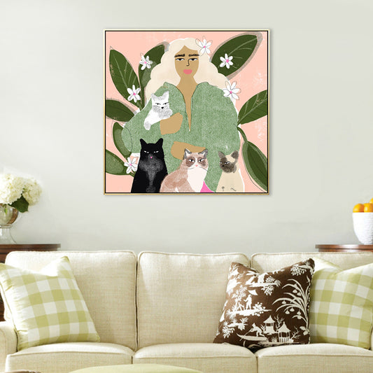 Drawing Print Girl Canvas Art Nordic Textured Surface Wall Decor for House Interior Green