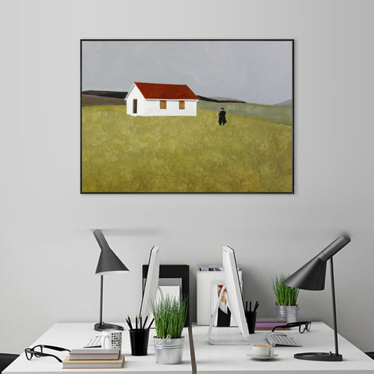 Soft Color Grassland Shelter Canvas Art Textured Farmhouse Living Room Wall Decor Green