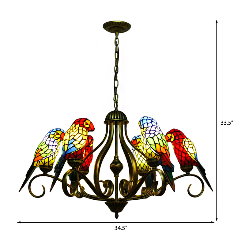 Stained Glass Chandeliers for Dining Rooms, Ceiling Light Fixture in Antique Brass with Parrot Design Tiffany Style Clearhalo 'Ceiling Lights' 'Chandeliers' 'Industrial' 'Middle Century Chandeliers' 'Tiffany Chandeliers' 'Tiffany close to ceiling' 'Tiffany' Lighting' 170448