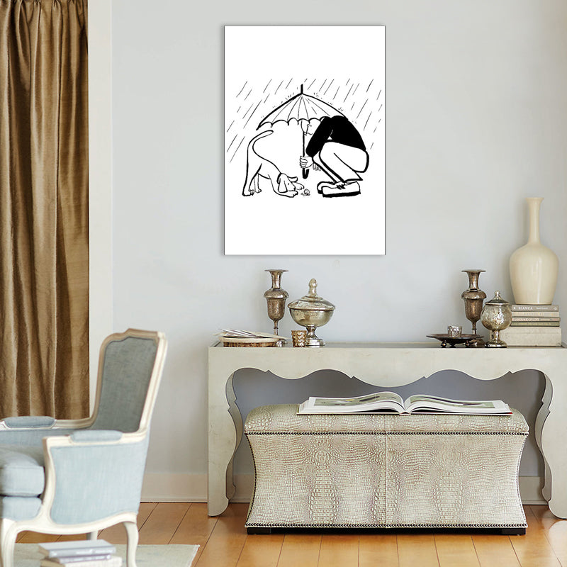 Man Playing with Dog Art Print Minimalist Canvas Wall Decor in Black-White for Bedroom White Design 1 Clearhalo 'Art Gallery' 'Canvas Art' 'Contemporary Art Gallery' 'Contemporary Art' 'Minimalism' 'Minimalist Art Gallery' 'Scandinavian' Arts' 1704519
