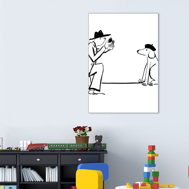 Man Playing with Dog Art Print Minimalist Canvas Wall Decor in Black-White for Bedroom White Design 3 Clearhalo 'Art Gallery' 'Canvas Art' 'Contemporary Art Gallery' 'Contemporary Art' 'Minimalism' 'Minimalist Art Gallery' 'Scandinavian' Arts' 1704526