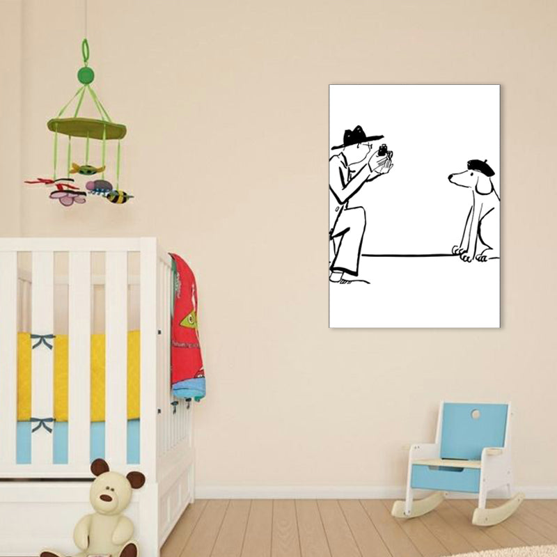 Man Playing with Dog Art Print Minimalist Canvas Wall Decor in Black-White for Bedroom Clearhalo 'Art Gallery' 'Canvas Art' 'Contemporary Art Gallery' 'Contemporary Art' 'Minimalism' 'Minimalist Art Gallery' 'Scandinavian' Arts' 1704527