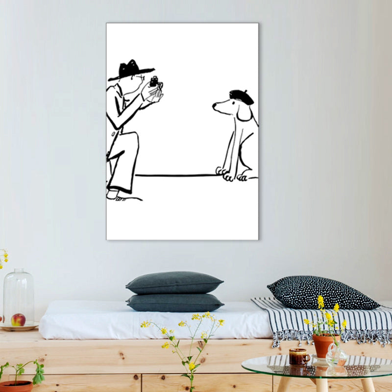 Man Playing with Dog Art Print Minimalist Canvas Wall Decor in Black-White for Bedroom Clearhalo 'Art Gallery' 'Canvas Art' 'Contemporary Art Gallery' 'Contemporary Art' 'Minimalism' 'Minimalist Art Gallery' 'Scandinavian' Arts' 1704528