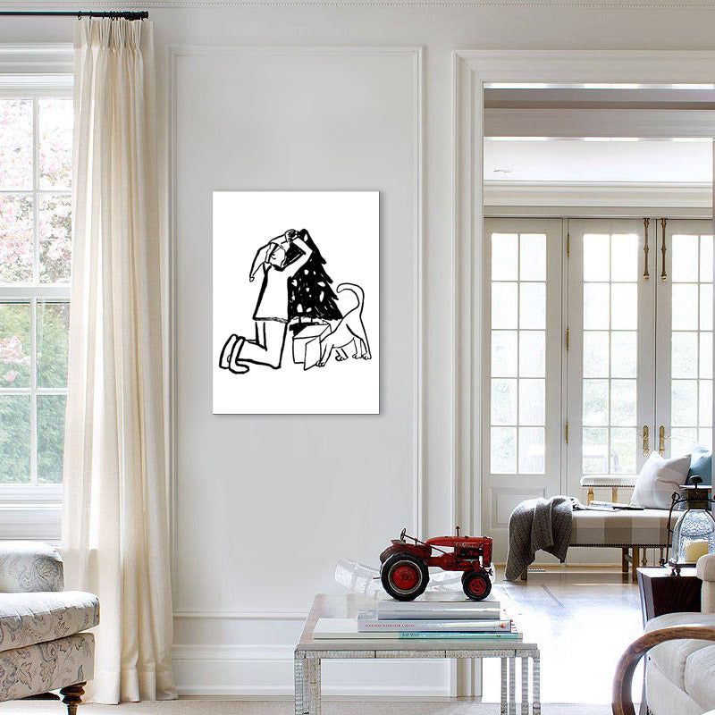 Man Playing with Dog Art Print Minimalist Canvas Wall Decor in Black-White for Bedroom White Design 2 Clearhalo 'Art Gallery' 'Canvas Art' 'Contemporary Art Gallery' 'Contemporary Art' 'Minimalism' 'Minimalist Art Gallery' 'Scandinavian' Arts' 1704530