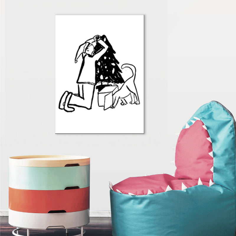 Man Playing with Dog Art Print Minimalist Canvas Wall Decor in Black-White for Bedroom Clearhalo 'Art Gallery' 'Canvas Art' 'Contemporary Art Gallery' 'Contemporary Art' 'Minimalism' 'Minimalist Art Gallery' 'Scandinavian' Arts' 1704531