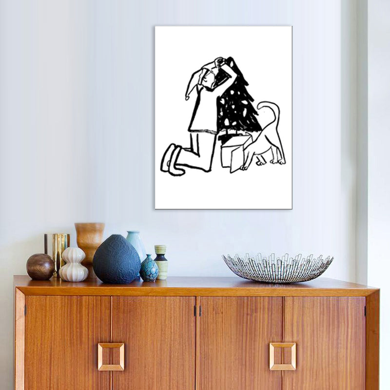 Man Playing with Dog Art Print Minimalist Canvas Wall Decor in Black-White for Bedroom Clearhalo 'Art Gallery' 'Canvas Art' 'Contemporary Art Gallery' 'Contemporary Art' 'Minimalism' 'Minimalist Art Gallery' 'Scandinavian' Arts' 1704532