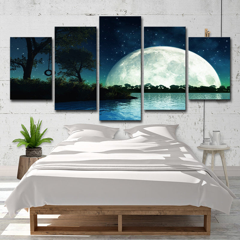 Kids Fantasy Wall Art Dark Blue Super Moon and Lake Scenery Canvas Print for Home Dark Blue Clearhalo 'Art Gallery' 'Canvas Art' 'Kids' Arts' 1704534