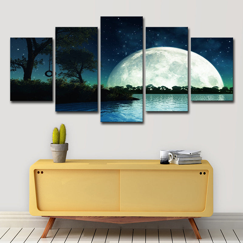 Kids Fantasy Wall Art Dark Blue Super Moon and Lake Scenery Canvas Print for Home Clearhalo 'Art Gallery' 'Canvas Art' 'Kids' Arts' 1704535