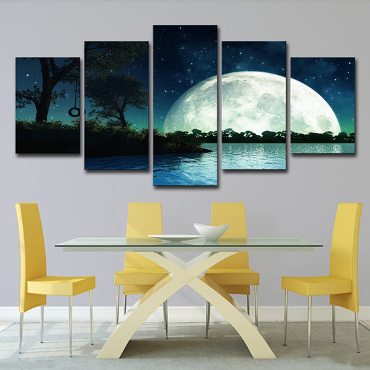 Kids Fantasy Wall Art Dark Blue Super Moon and Lake Scenery Canvas Print for Home Clearhalo 'Art Gallery' 'Canvas Art' 'Kids' Arts' 1704536