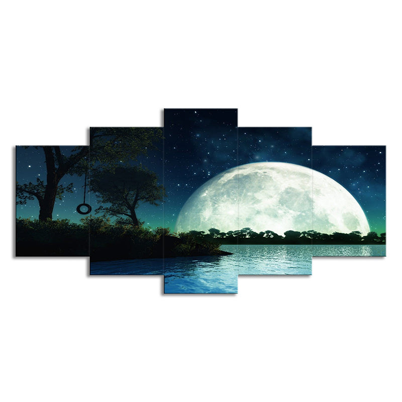 Kids Fantasy Wall Art Dark Blue Super Moon and Lake Scenery Canvas Print for Home Clearhalo 'Art Gallery' 'Canvas Art' 'Kids' Arts' 1704537