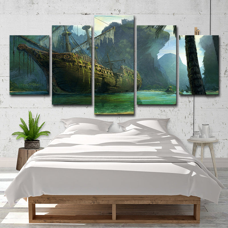 Green Shabby Sailboat Canvas Print Fantasy Kids Style Multi-Piece Wall Art for Home Green Clearhalo 'Art Gallery' 'Canvas Art' 'Kids' Arts' 1704541