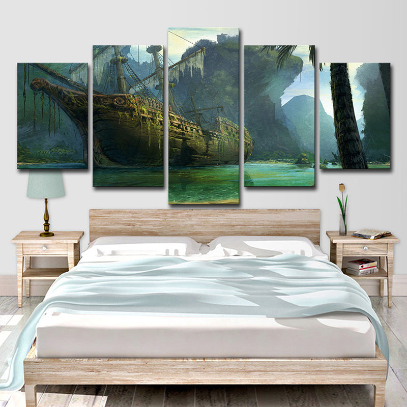 Green Shabby Sailboat Canvas Print Fantasy Kids Style Multi-Piece Wall Art for Home Clearhalo 'Art Gallery' 'Canvas Art' 'Kids' Arts' 1704542