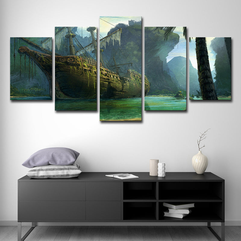 Green Shabby Sailboat Canvas Print Fantasy Kids Style Multi-Piece Wall Art for Home Clearhalo 'Art Gallery' 'Canvas Art' 'Kids' Arts' 1704543