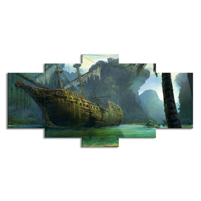 Green Shabby Sailboat Canvas Print Fantasy Kids Style Multi-Piece Wall Art for Home Clearhalo 'Art Gallery' 'Canvas Art' 'Kids' Arts' 1704544