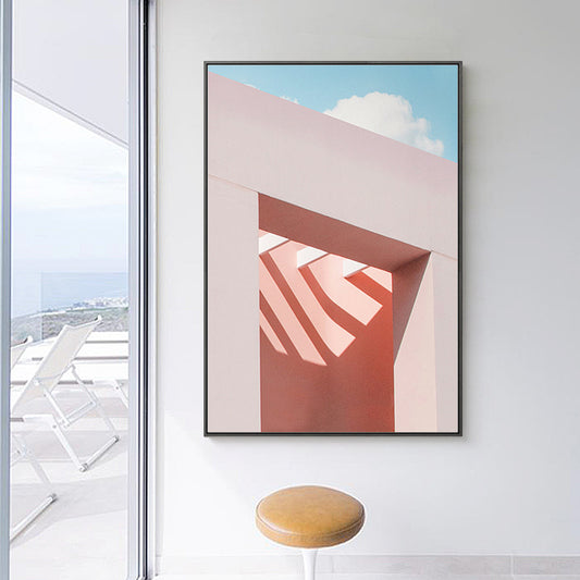 Outdoor Building Painting Nordic Style Canvas Wall Art Print, Multiple Sizes Options Pink