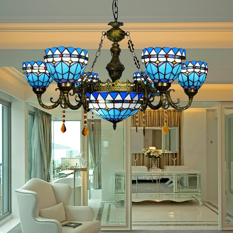 Blue Tiffany Chandelier, Dome Ceiling Light with Amber Crystal and Jewel Decoration for Dining Room 7 Blue Clearhalo 'Ceiling Lights' 'Chandeliers' 'Industrial' 'Middle Century Chandeliers' 'Tiffany Chandeliers' 'Tiffany close to ceiling' 'Tiffany' Lighting' 170457