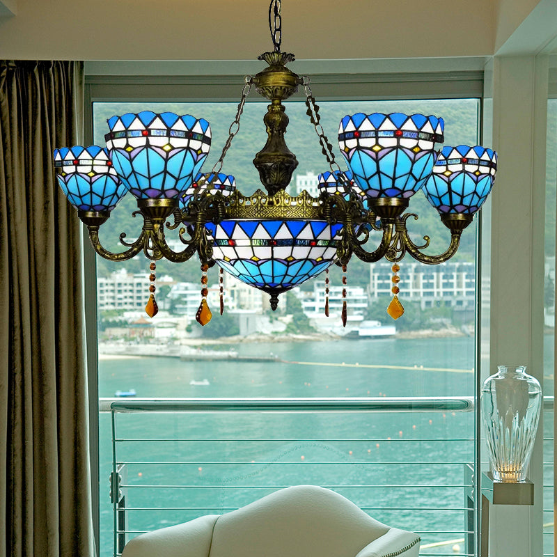 Blue Tiffany Chandelier, Dome Ceiling Light with Amber Crystal and Jewel Decoration for Dining Room Clearhalo 'Ceiling Lights' 'Chandeliers' 'Industrial' 'Middle Century Chandeliers' 'Tiffany Chandeliers' 'Tiffany close to ceiling' 'Tiffany' Lighting' 170458