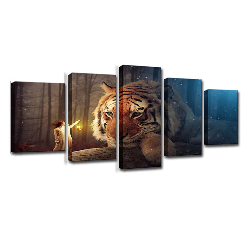 Yellow Kids Canvas Digital Print Giant Tiger and Tiny Girl Wall Art for Living Room Clearhalo 'Art Gallery' 'Canvas Art' 'Contemporary Art Gallery' 'Modern' Arts' 1704583