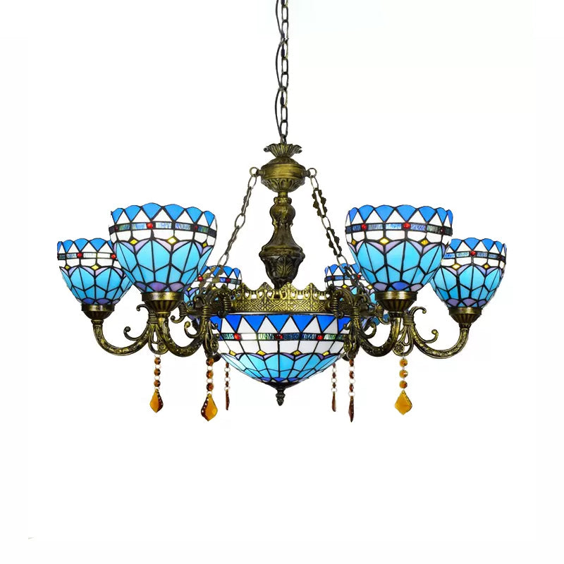 Blue Tiffany Chandelier, Dome Ceiling Light with Amber Crystal and Jewel Decoration for Dining Room Clearhalo 'Ceiling Lights' 'Chandeliers' 'Industrial' 'Middle Century Chandeliers' 'Tiffany Chandeliers' 'Tiffany close to ceiling' 'Tiffany' Lighting' 170459