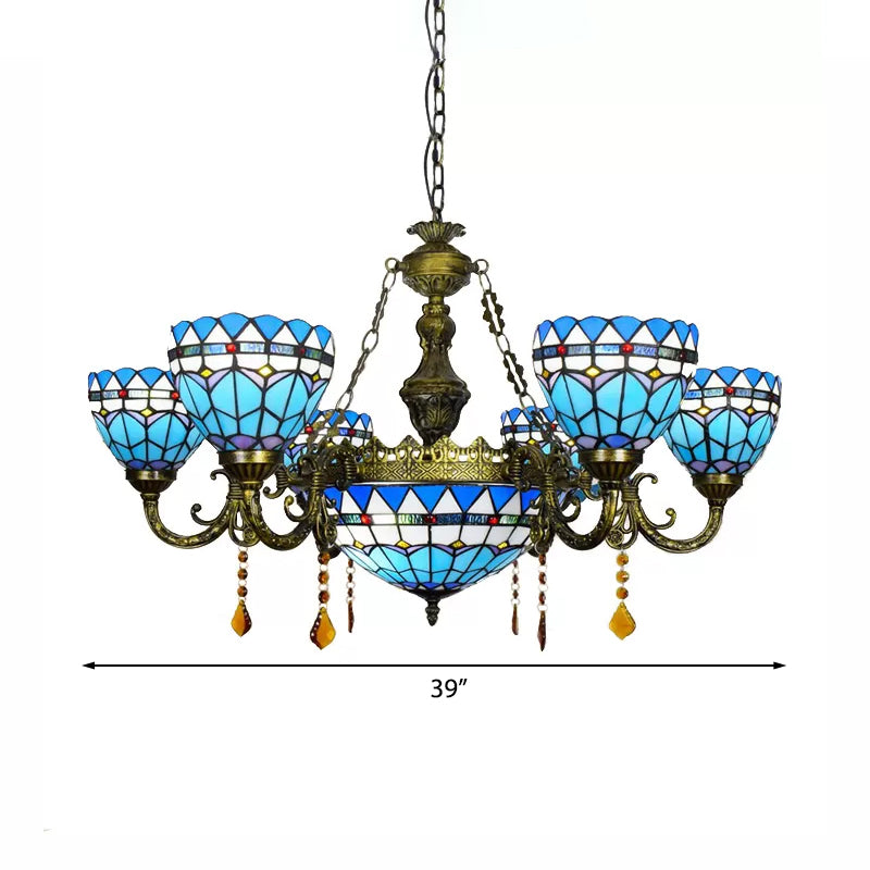 Blue Tiffany Chandelier, Dome Ceiling Light with Amber Crystal and Jewel Decoration for Dining Room Clearhalo 'Ceiling Lights' 'Chandeliers' 'Industrial' 'Middle Century Chandeliers' 'Tiffany Chandeliers' 'Tiffany close to ceiling' 'Tiffany' Lighting' 170460