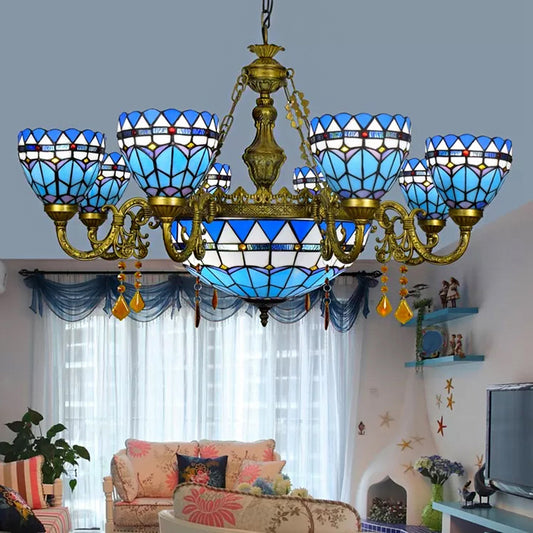 Blue Tiffany Chandelier, Dome Ceiling Light with Amber Crystal and Jewel Decoration for Dining Room 9 Blue Clearhalo 'Ceiling Lights' 'Chandeliers' 'Industrial' 'Middle Century Chandeliers' 'Tiffany Chandeliers' 'Tiffany close to ceiling' 'Tiffany' Lighting' 170461