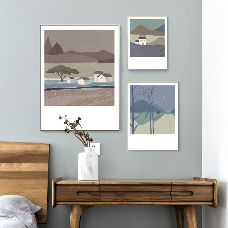 Illustration Farmhouse Canvas Wall Art with Night Village Scenery Drawing in Dark Color Clearhalo 'Art Gallery' 'Canvas Art' 'Country Art Gallery' 'French Country' 'Rustic' Arts' 1704666