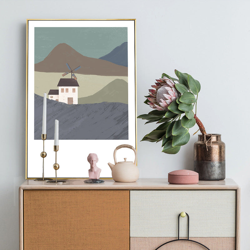 Illustration Farmhouse Canvas Wall Art with Night Village Scenery Drawing in Dark Color Green Clearhalo 'Art Gallery' 'Canvas Art' 'Country Art Gallery' 'French Country' 'Rustic' Arts' 1704667