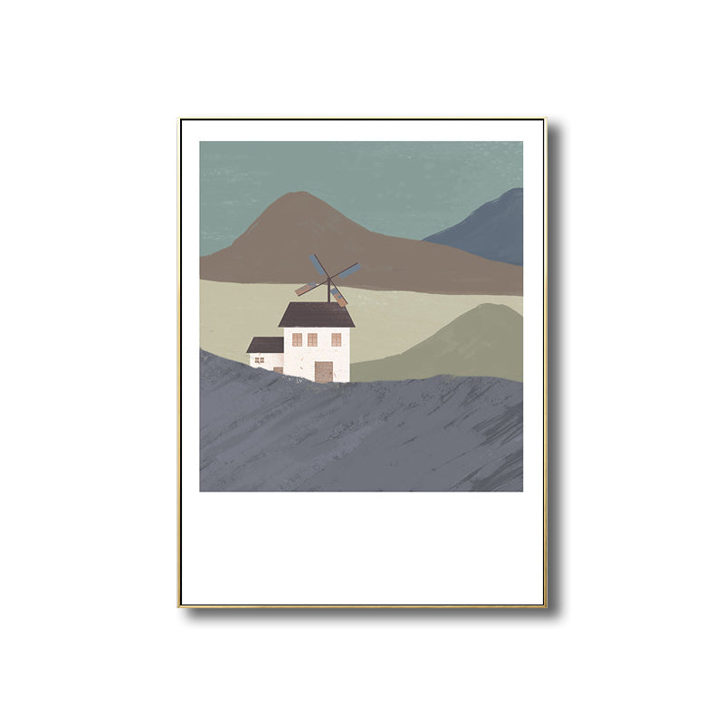 Illustration Farmhouse Canvas Wall Art with Night Village Scenery Drawing in Dark Color Clearhalo 'Art Gallery' 'Canvas Art' 'Country Art Gallery' 'French Country' 'Rustic' Arts' 1704668