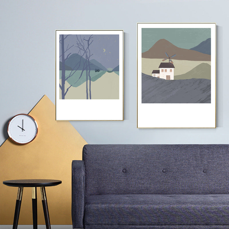 Illustration Farmhouse Canvas Wall Art with Night Village Scenery Drawing in Dark Color Clearhalo 'Art Gallery' 'Canvas Art' 'Country Art Gallery' 'French Country' 'Rustic' Arts' 1704672