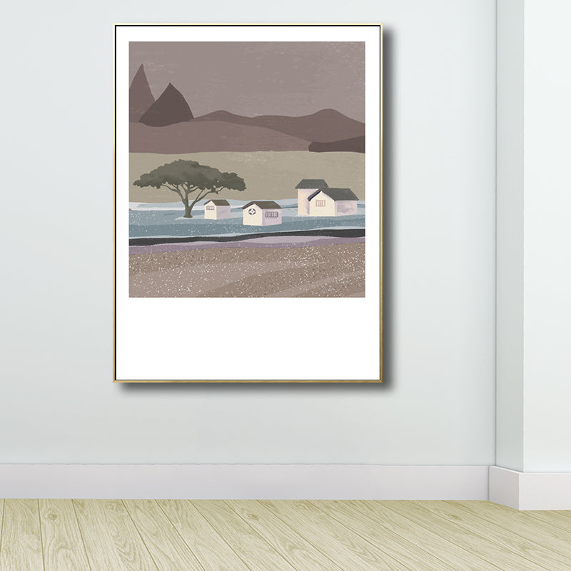 Illustration Farmhouse Canvas Wall Art with Night Village Scenery Drawing in Dark Color Brown Clearhalo 'Art Gallery' 'Canvas Art' 'Country Art Gallery' 'French Country' 'Rustic' Arts' 1704673