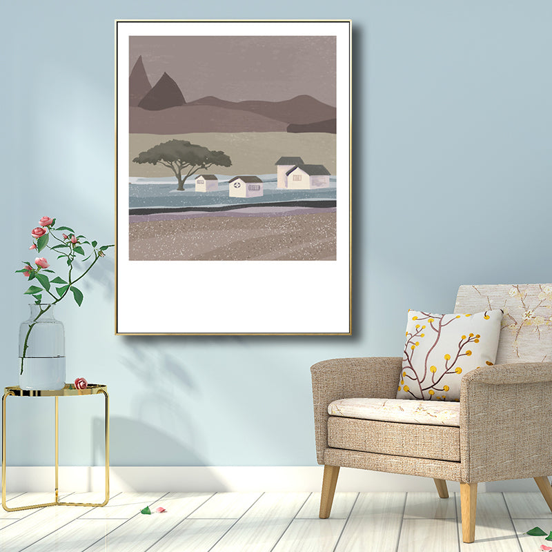 Illustration Farmhouse Canvas Wall Art with Night Village Scenery Drawing in Dark Color Clearhalo 'Art Gallery' 'Canvas Art' 'Country Art Gallery' 'French Country' 'Rustic' Arts' 1704674