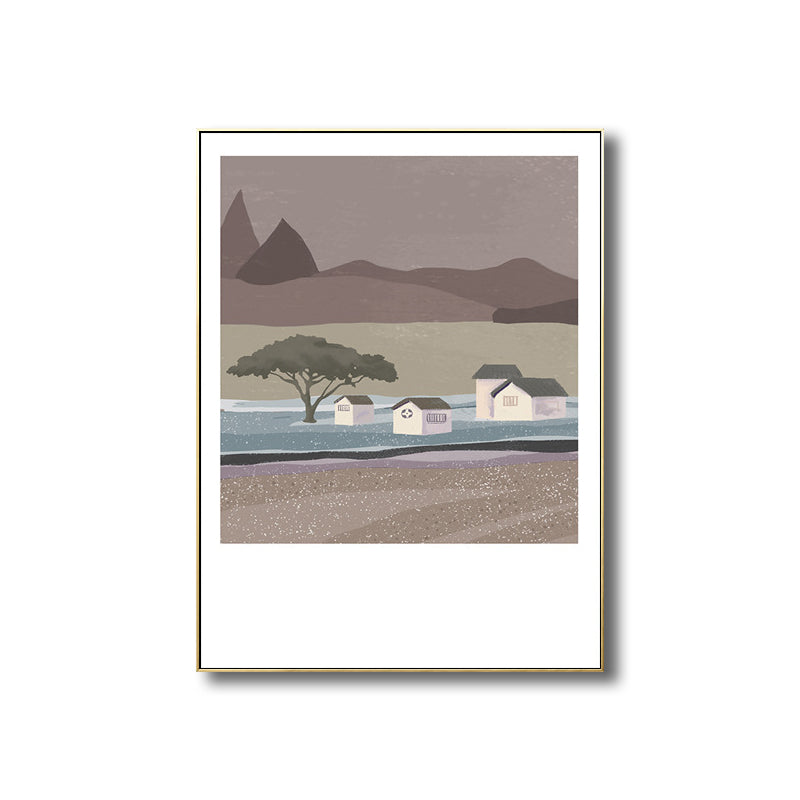 Illustration Farmhouse Canvas Wall Art with Night Village Scenery Drawing in Dark Color Clearhalo 'Art Gallery' 'Canvas Art' 'Country Art Gallery' 'French Country' 'Rustic' Arts' 1704675