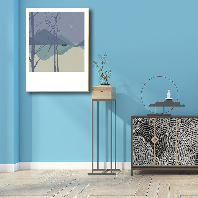 Illustration Farmhouse Canvas Wall Art with Night Village Scenery Drawing in Dark Color Purple Clearhalo 'Art Gallery' 'Canvas Art' 'Country Art Gallery' 'French Country' 'Rustic' Arts' 1704676