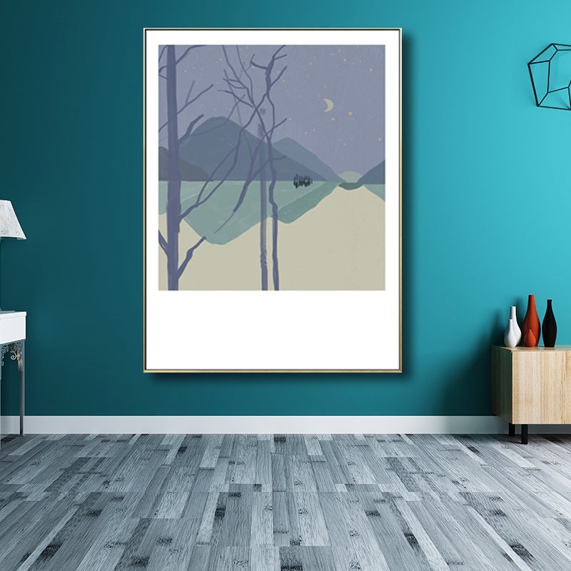 Illustration Farmhouse Canvas Wall Art with Night Village Scenery Drawing in Dark Color Clearhalo 'Art Gallery' 'Canvas Art' 'Country Art Gallery' 'French Country' 'Rustic' Arts' 1704677