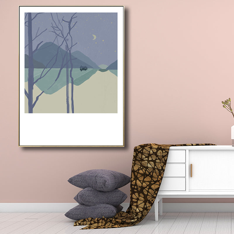 Illustration Farmhouse Canvas Wall Art with Night Village Scenery Drawing in Dark Color Clearhalo 'Art Gallery' 'Canvas Art' 'Country Art Gallery' 'French Country' 'Rustic' Arts' 1704678