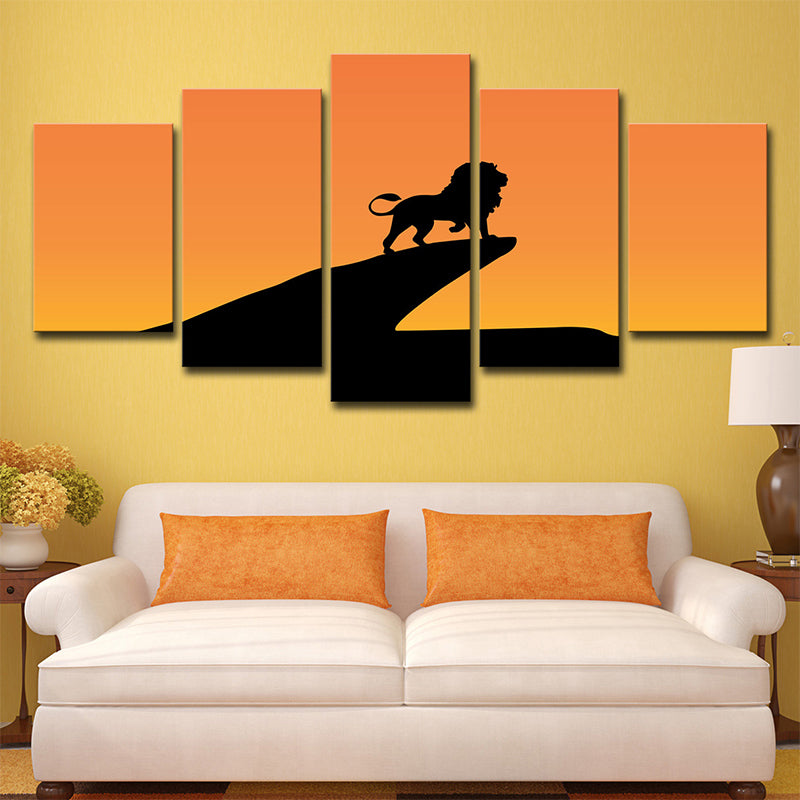 Orange Kids Canvas Print Sunset Lion on Cliff Shadow Wall Art for Sitting Room Orange Clearhalo 'Art Gallery' 'Canvas Art' 'Kids' Arts' 1704698