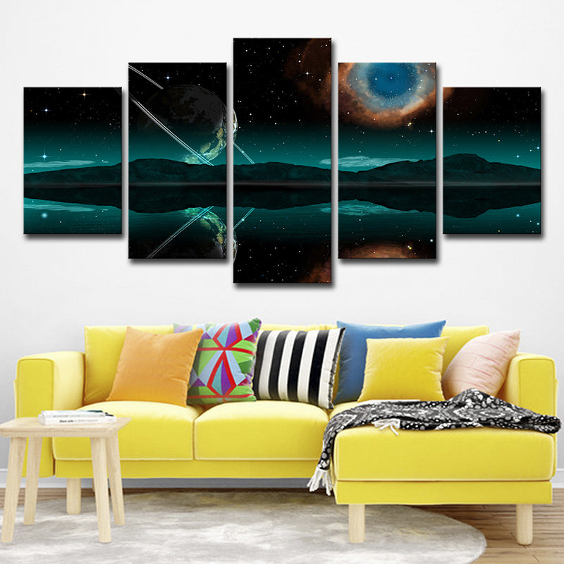 Green Space Reflection Canvas Print Multi-Piece Sci-Fi Boys Bedroom Wall Art Decor Green Clearhalo 'Art Gallery' 'Canvas Art' 'Kids' Arts' 1704705