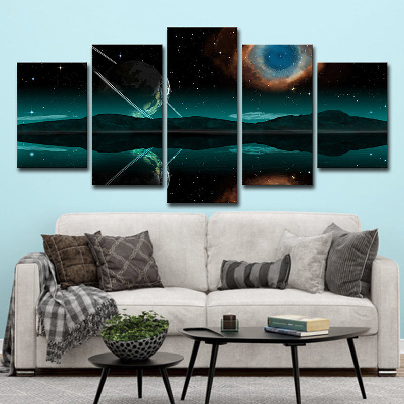 Green Space Reflection Canvas Print Multi-Piece Sci-Fi Boys Bedroom Wall Art Decor Clearhalo 'Art Gallery' 'Canvas Art' 'Kids' Arts' 1704706