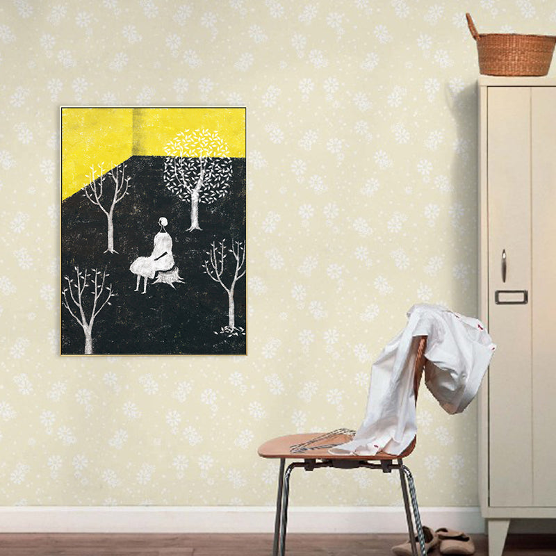 Girls Leisure Time Canvas Print Childrens Art Textured Living Room Wall Decor in Dark Color Black Clearhalo 'Art Gallery' 'Canvas Art' 'Kids' Arts' 1704726